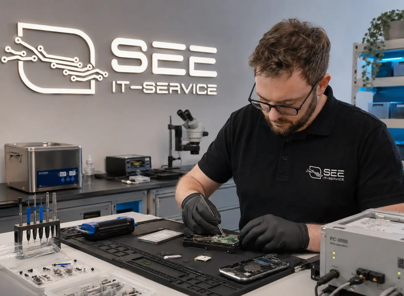 Techniker von See-IT-Service bei der professionellen Datenrettung einer Festplatte mit Mikroskop und spezialisierter PC-3000-Auslesehardware in Radolfzell