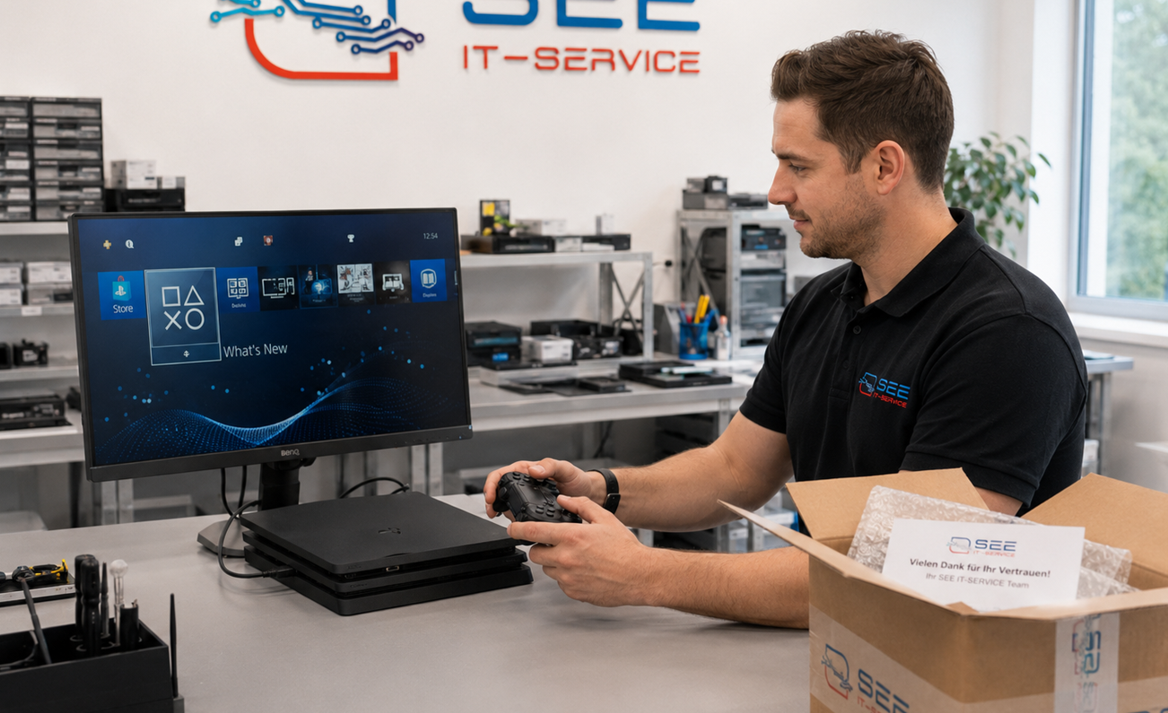 Techniker von See-IT-Service testet eine PlayStation nach Reinigung oder Reparatur am Monitor