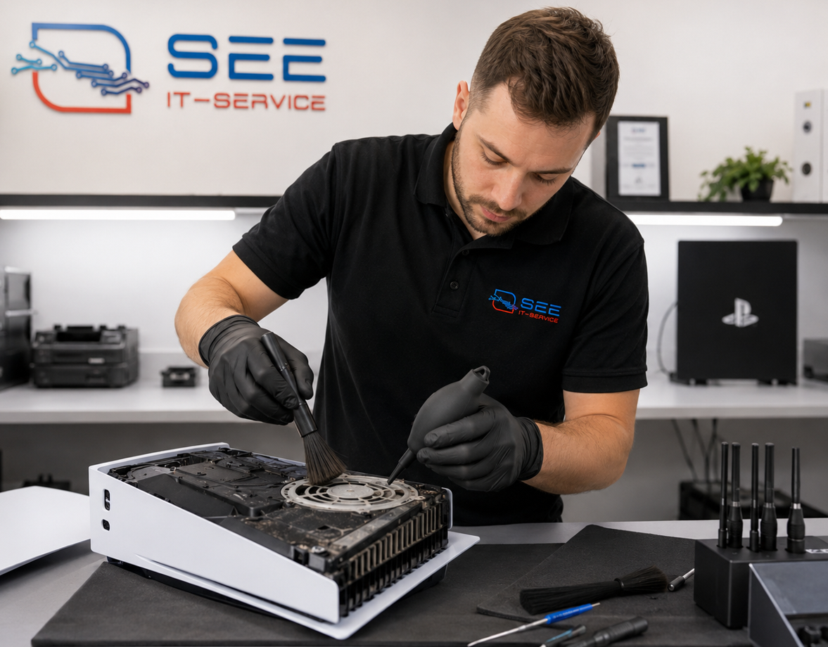 Techniker von See-IT-Service reinigt eine geöffnete PlayStation 5 fachgerecht in der Werkstatt