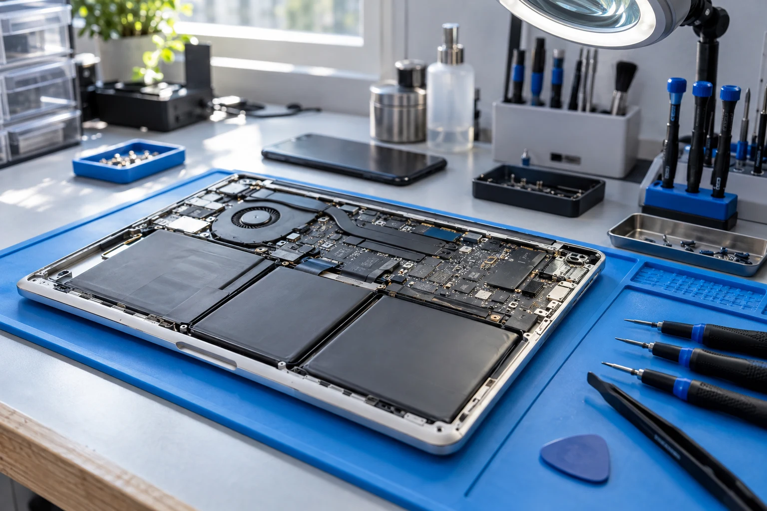 Werkzeuge und geöffneter Laptop auf einer Reparaturunterlage – Symbolbild