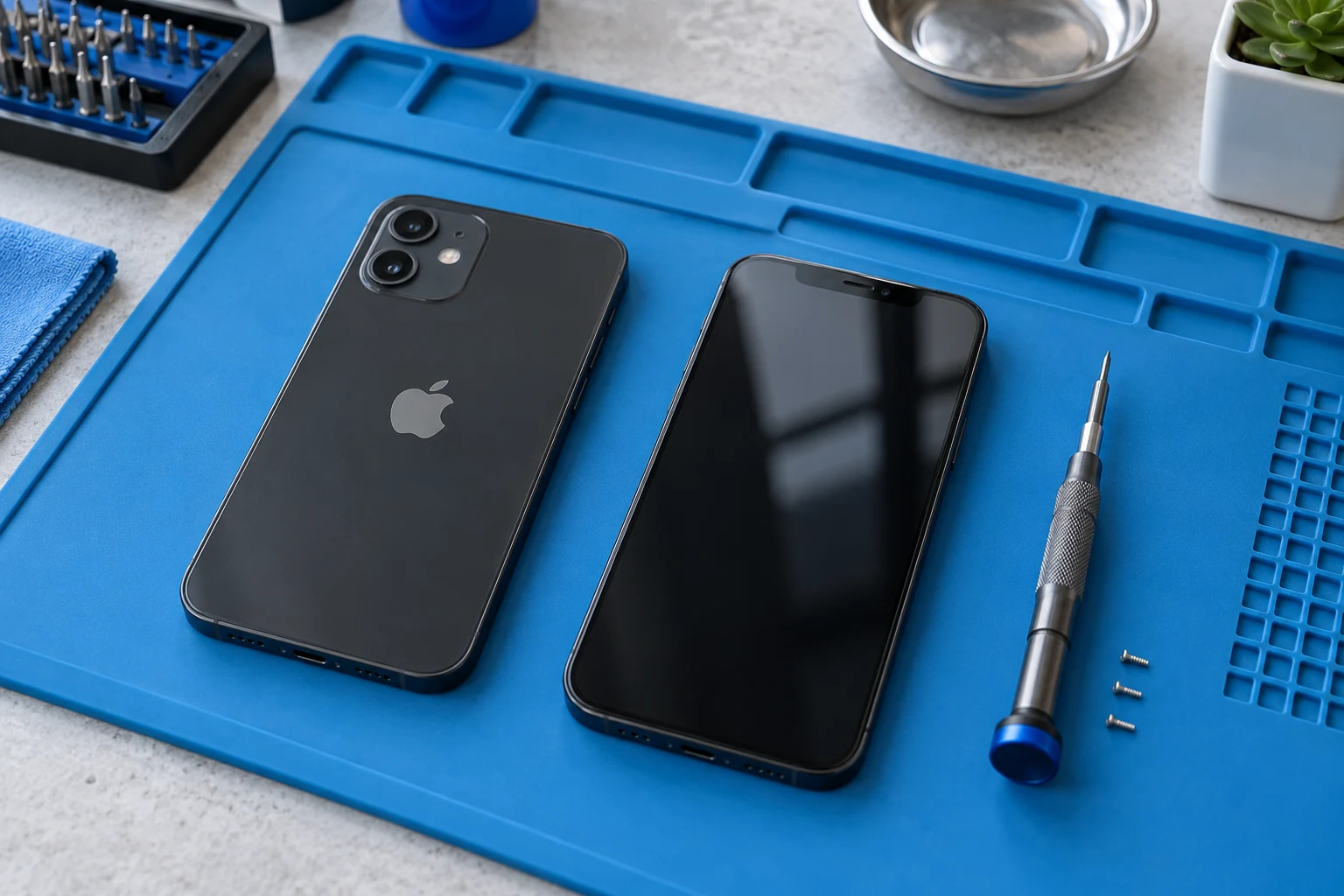 iPhone 12 auf einer Reparaturunterlage – Symbolbild