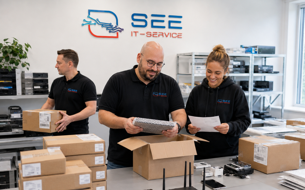 See-IT-Service Team nimmt eingesendete Geräte an, ordnet Kundenaufträge zu und bereitet die technische Prüfung vor